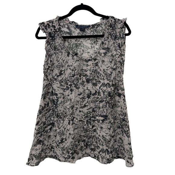 French connection black beige sleeveless viscose ruffle patterned top‎ Size: 8 - Picture 1 of 7